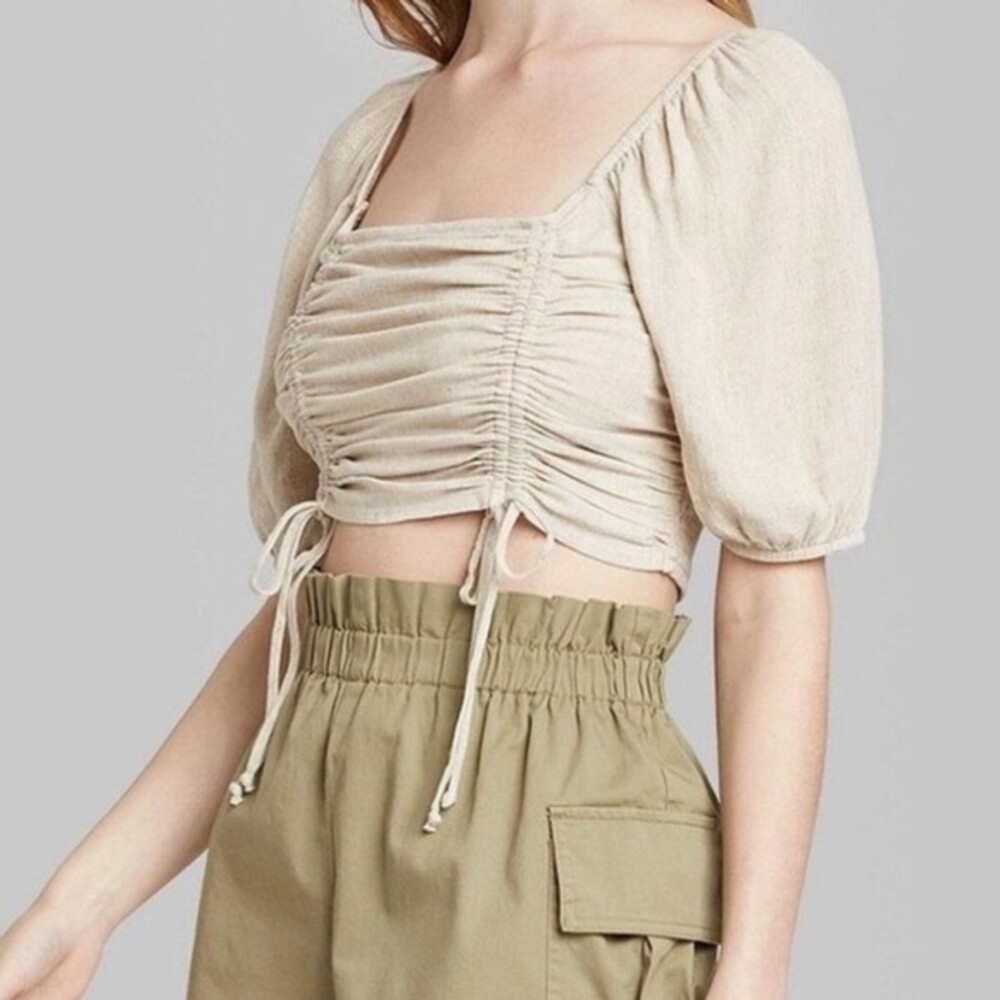 Wild Fable Linen Blend Ruched Puff Sleeve Crop Top Beige Cottagecore Boho M